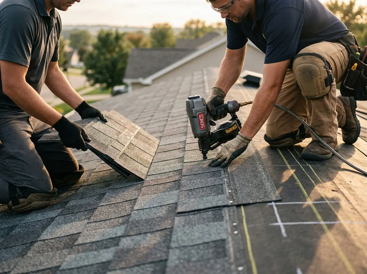 Professional roofer working on a residential roof in North Alamo